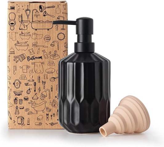 Fun Elements Bathroom Soap Dispenser, 16 Oz Luxurious Hand soap Dispenser for Bathroom, Ceramic Liquid Soap Dispenser for Bathroom Countertop with Plastic Pump, Silicone Funnel（Black Bottle）
