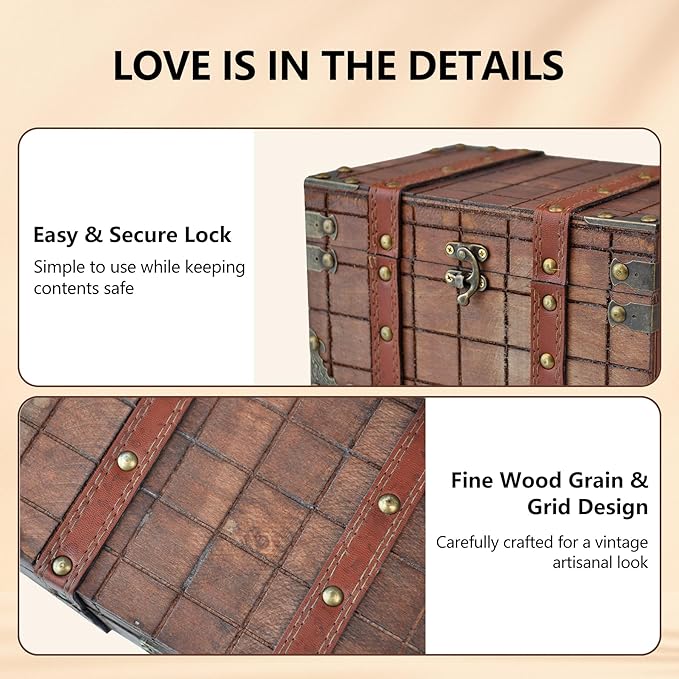 POWER UNICO FLOWER Vintage Treasure Lock Storage Box â Handmade Wooden Decorative Chest, Perfect Keepsake Box for Home DÃ©cor, Jewelry, Trinkets and Gift Storage (331-Brown)