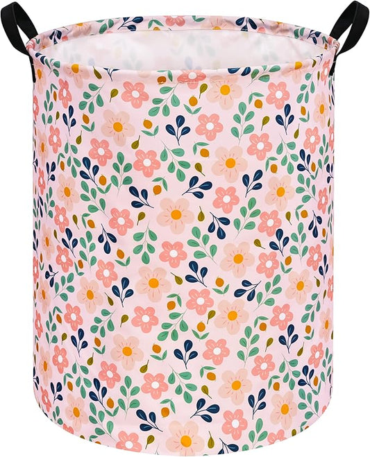 Kids Flower Hamper Storage Bins,Girls Room Decor Laundry Basket,Waterproof Clothes Organizer for Women Toy Box Large Canvas Collapsible Chest for Home/Dorm/Kitchen/Pet/Office/Closet/Shelf/Gifts