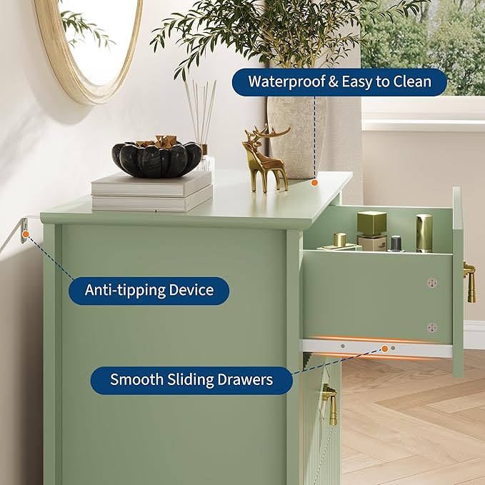 GarveeHome Fluted Dresser for Bedroom, 27.5" Wide 3-Drawer Wood Dresser, Modern Chest of Drawers, Storage Organizer Cabinet for Living Room, Hallway, Entryway, Green