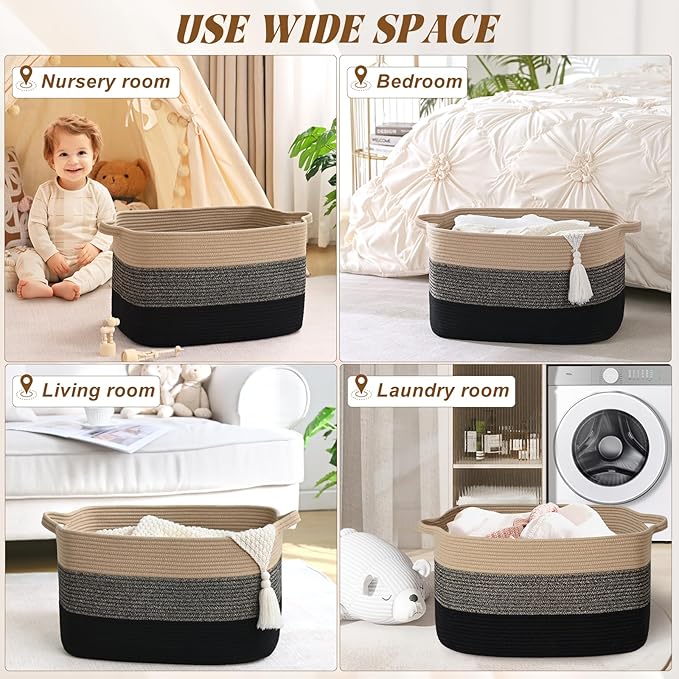 Large Blanket Basket, 60L Storage Baskets for Organizing, Woven Laundry Basket for Blankets, Cotton rope Blanket Storage for Living Room, Nursery Room, 19.7"L x 15.74"W x 11.8"H, Brown & Black