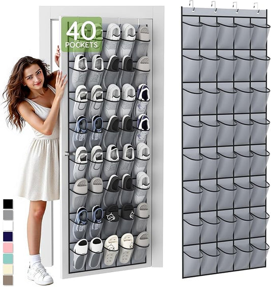 Unjumbly Over the Door Shoe Organizer with 40 Large Breathable Mesh Pockets, Space Saving Shoe Holder, Hanging Shoe Rack for Entryway Bedroom Closet Storage (Grey, 40 Pockets)