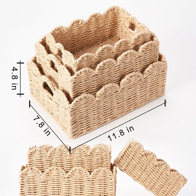 Scalloped Wicker Baskets, Set of 3 Hand-Woven Storage Baskets with Handles - Paper Rope Shelf Organizers & Decorative Baskets for Shelves, Closet, Bathroom (Beigeï¼