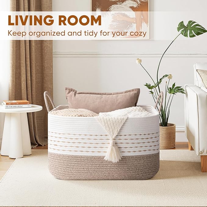 Large Blanket Basket for Toys, Pillow and Clothes, 75L Woven Storage Baskets for Blankets Living Room, Rectangle Cotton Rope Toy Basket with Handles-Brown & White