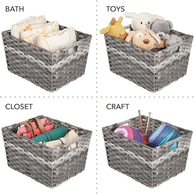 mDesign Wide Rectangular Woven Braided Rope Home Storage Baskets with Handles - for Organizing Closet, Bedroom, Bathroom, Living Room, Entryway, Office - 8.25" High, 2 Pack - Gray
