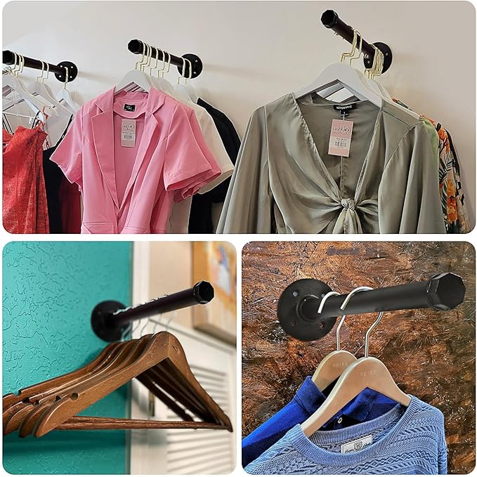 6 Pcs Industrial Pipe Clothes Bar 12 Inch - Wall Mount Clothing Rack - Face Out Wall Clothing Rods for Commercial Retail Boutique Shirt Display