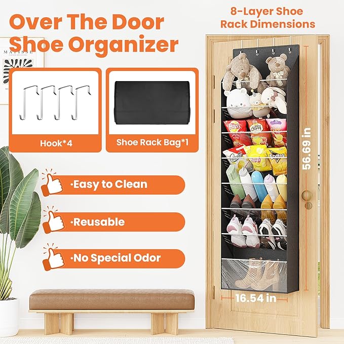 8-Tier Over The Door Organizer, Space Saving Hanging Shoes Organizer and Storage Unit, Organizer for Closet, Bedroom, Entryway, Black