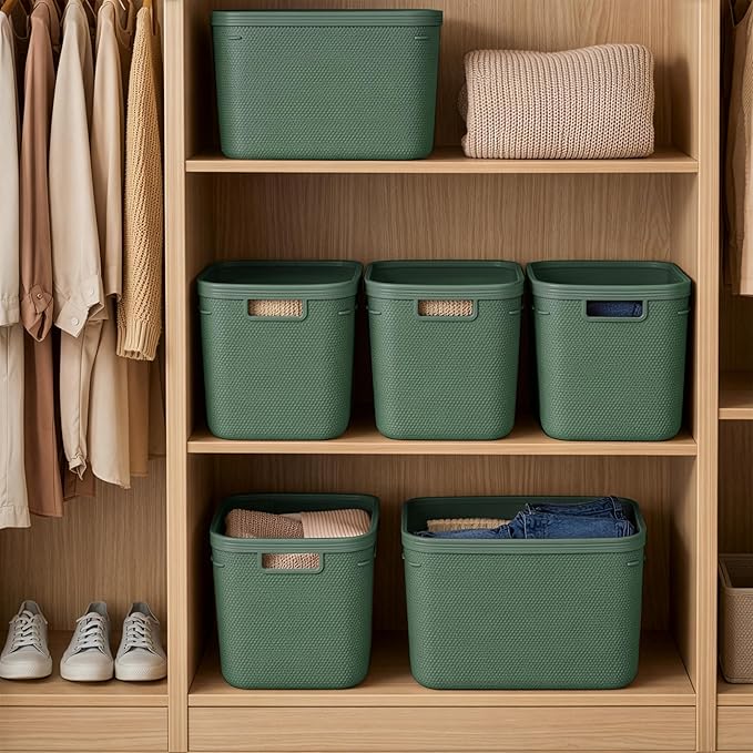 BINO | Plastic Storage Bins with Lids, 20 Liter - 3 Pack, Desert Green | THE TWILL COLLECTION | Plastic Bins for Organization | Woven Storage Baskets for Organizing | Pantry Shelf Organizer Basket Bin