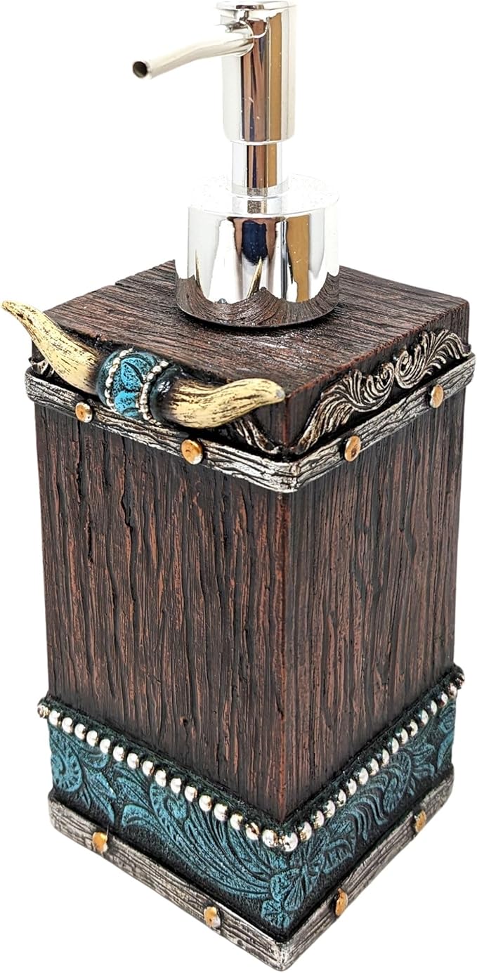 BestGiftEver Southwestern Soap Dispenser - Cowboy Bathroom Accessories - Faux Horns and Tooled Leather-Inspired Soap Pump - Native Indian Home Decor - Western Bathroom Decor Rustic Lotion Dispenser