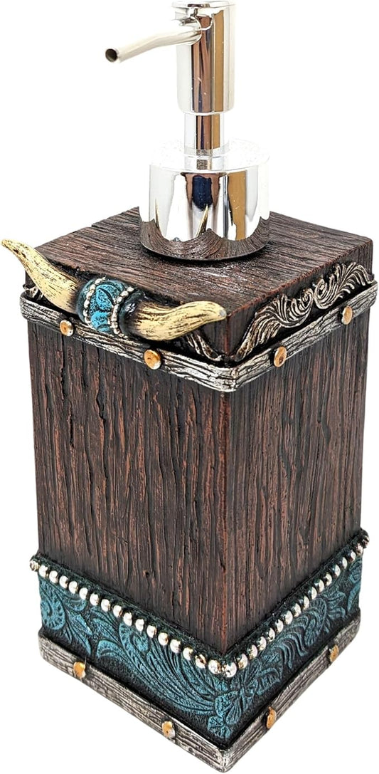 BestGiftEver Southwestern Soap Dispenser - Cowboy Bathroom Accessories - Faux Horns and Tooled Leather-Inspired Soap Pump - Native Indian Home Decor - Western Bathroom Decor Rustic Lotion Dispenser