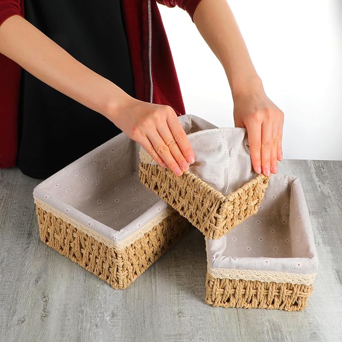 3 Pcs Storage Basket With Liner, Wicker Decorative Basket for coffee table, RectangleTray,Bathroom Countertop Organizer, rectangle Kitchen Drawer Organizer Storage (3 Sizes)
