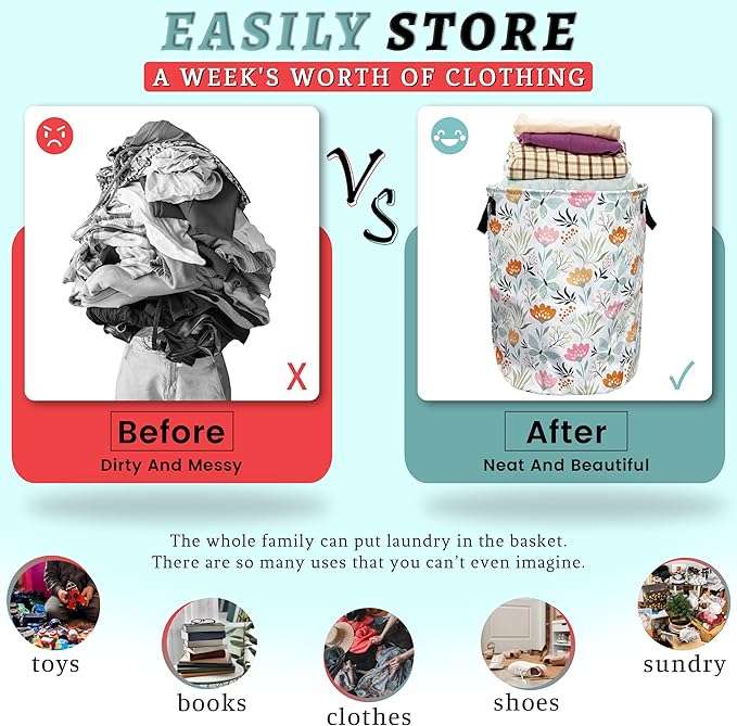 Beautiful Floral Laundry Basket Foldable With Handles Tote Bag Oxford Cloth Colorful Flowers Laundry Hamper Clothes Storage Bucket Toy Organizer 18.9" x 16.5" For Bathroom/Laundry/Bedroom