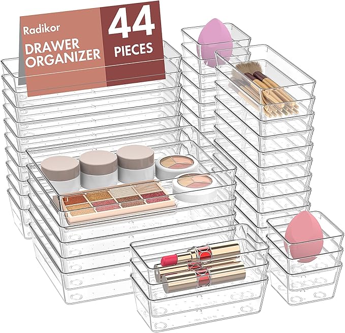 44-Piece Transparent Plastic Drawer Organizer Set, Minimalist Style, Ideal for Kitchen, Bathroom, Makeup, Desk