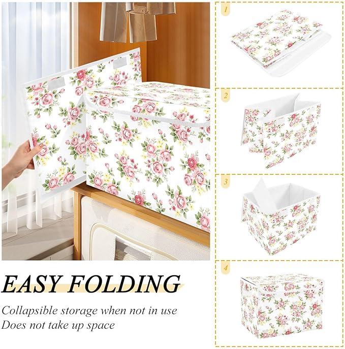senya Flower Baskets Collapsible Storage Bins with Lids, Pink Rose Flower Floral Storage Boxes Clothes Baskets for Organizing