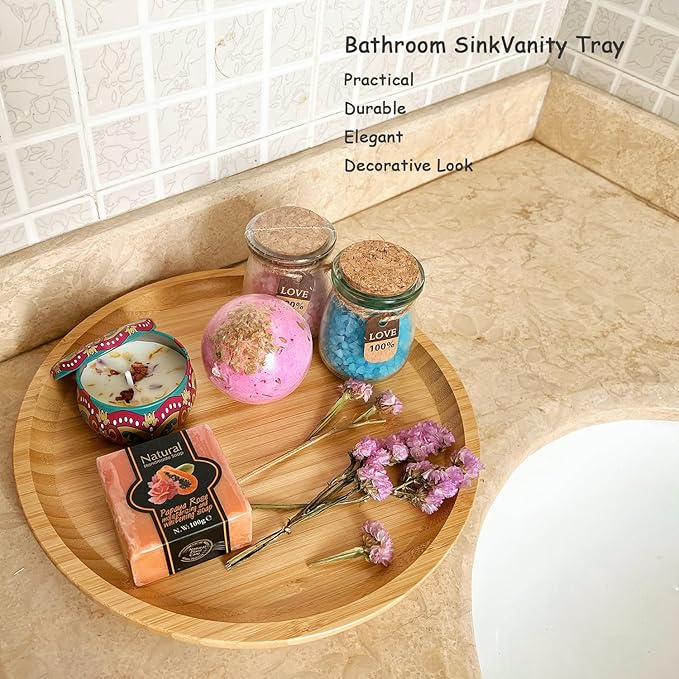 Wood Vanity Tray, Bathroom Counter Solid Bamboo Organizer, Toilet Tank Top Wooden Serving Plate for Dinner Tea Coffee (Natural Bamboo Color, 9.8 x 9.8 inch)