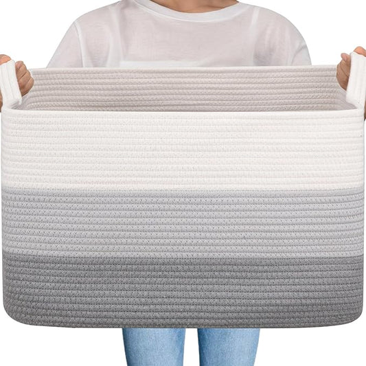 OIAHOMY Large Storage Basket, Cotton Rope Woven Blanket Basket, Toy Bin for Baby Room, Container for Blanket Storage in Living Room, 20''×16''×12'', Gradient Grey