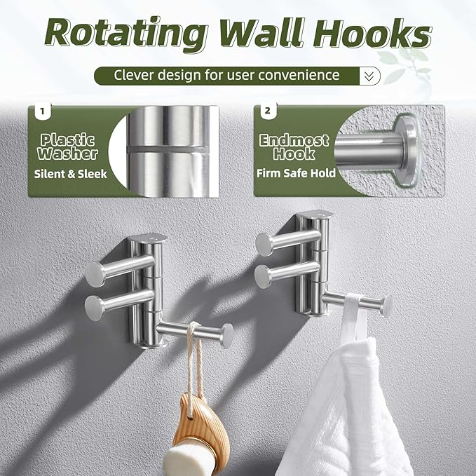 APLusee Swivel Towel Hook Brushed Nickel, 304 Stainless Steel 3 Arms Foldable Bathroom Robe Towel Hook, Shower Coat Hanger, Wall Kitchen Holder, 2 Pack