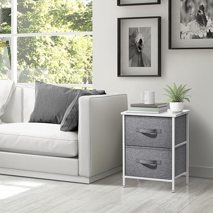 Sorbus Nightstand with 2 Drawers - Bedside Furniture End Table Night Stand with Steel Frame, Wood Top & Easy Pull Fabric Bins - Small Dresser & Chest for Home, Bedroom Accessories & Office