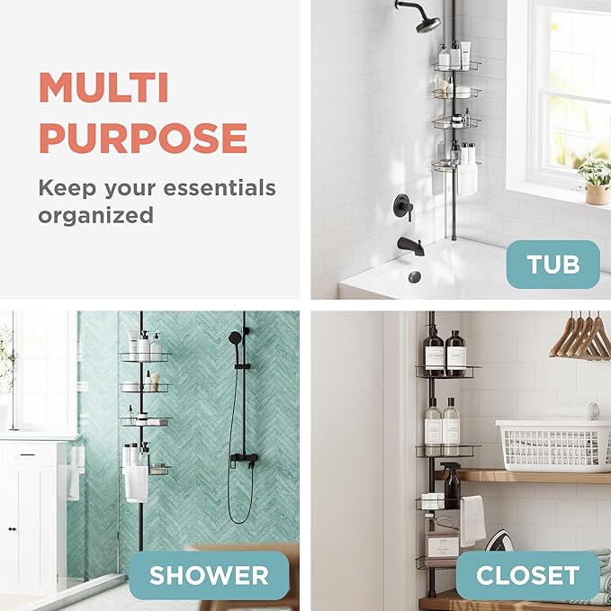 Zenna Home Tension Pole Shower Caddy Corner Organizer, Adjustable Standing Shower Caddy with 4 Baskets and Towel Bar, Rust Resistant Bathroom Tension Rod Organizer, 60 to 97 Inch, Bronze