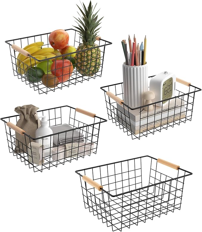 Wire Basket with Wooden Handle, Metal Utility Storage Basket for Organizing Kitchen Pantry Cabinets, Closet and Garage Shelves Drawers, Office Metal Basket Storage Organizer with Handle (Black 4 Pack)
