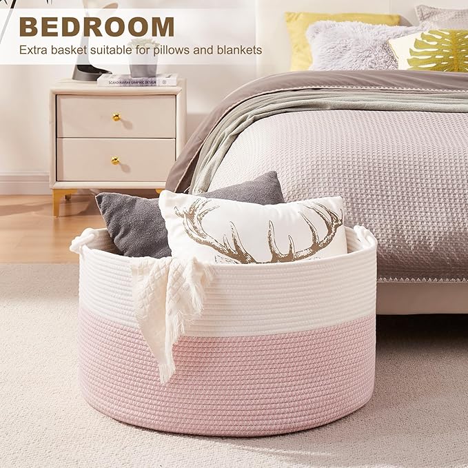 Large Blanket Storage Basket for Living Room, 22.8" x 22.8" x 13" Woven Cotton Rope Basket with Handles, Baby Toy Storage, Laundry Hamper for Clothes, Pillows, Towels-Pink and White
