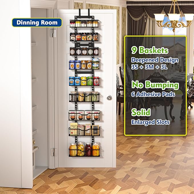 EVERIE 9-Tier Over Door Storage Rack, Metal Hanging Organizer with Bigger Hanging Slots and Heightened Baskets, Kitchen Bathroom Living Room Dining Room Pantry Shelves (Black, 9 Tier)