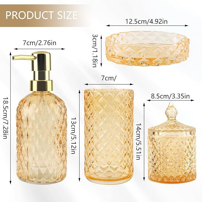 5Pcs Clear Gold Bathroom Accessories Set,Glass Bathroom Accessory Set, Bathroom Counter Sink Toothbrush Holder Set Includes Hand/Lotion Soap Dispenser & Tumbler & Soap Dish & Qtip Holders