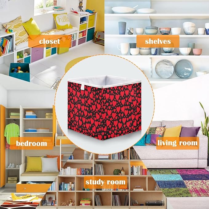 Bolaz Eamless Pattern With Red Hearts Closet Organizers Storage Cubes Storage Bins Shelf Baskets Containers for Home Room Office,Rectangle