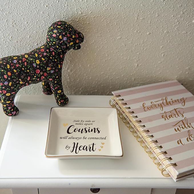 HOME SMILE Cousin Gifts Mother's Day,Ceramic Ring Jewelry Dish Tray Plate for Birthday Graduation Christmas Wedding,Sise by Side or Miles Away,Cousins will AwaysConnected by Heart