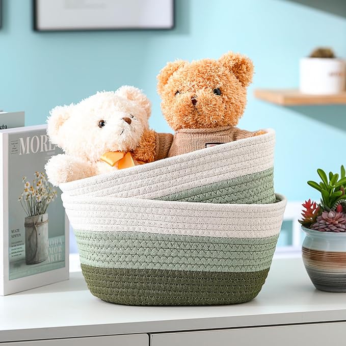 Sawysine 6 Pcs Storage Baskets Bulk for Organizing Cotton Rope Woven Basket with Handles for Gift Cloth Shelves Blanket Toys Living Room Bathroom(Green and White)