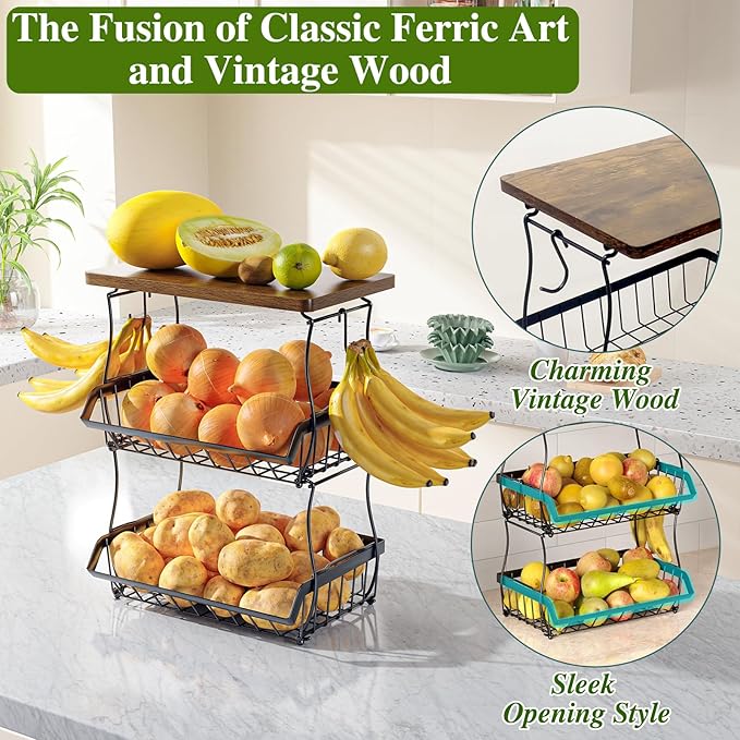 3-Tier Fruit Basket for Kitchen Counter with Banana Hangers, Countertop Organizer Fruit Bowls with Wood Top, Fruit Storage Basket Stand for Storage Potato Onion Bread Snack Fruit Veggie