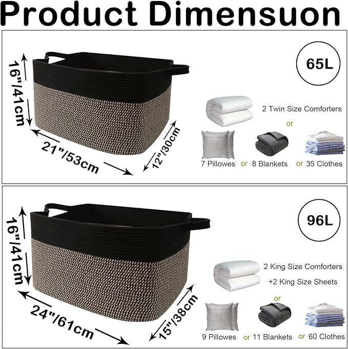 Magazine & Newspaper Baskets,65L Large Woven Rope Blanket Basket,21"x16"x12"Storage Bin with Handle,Toys Storage,Laundry Basket for Home Organization/Living Room/Nursery/Bedroom.Black&Jute