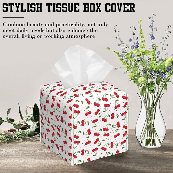 Tissue Box Holder Fruit Cherry Square Leather Tissue Box Cover Modern Cube Facial Paper Cover Case for Bathroom Vanity Countertop Night Stands Tabletop