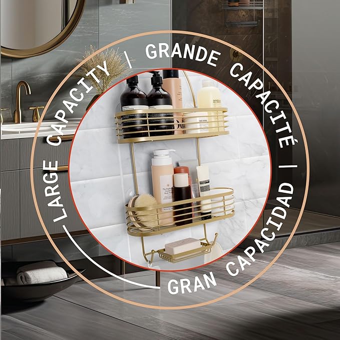 ACENTO Hanging Shower Caddy 3-Tier Extra Wide in Gold, Bathroom Shower Organizer with Hooks & Suction Cups with Soap Basket