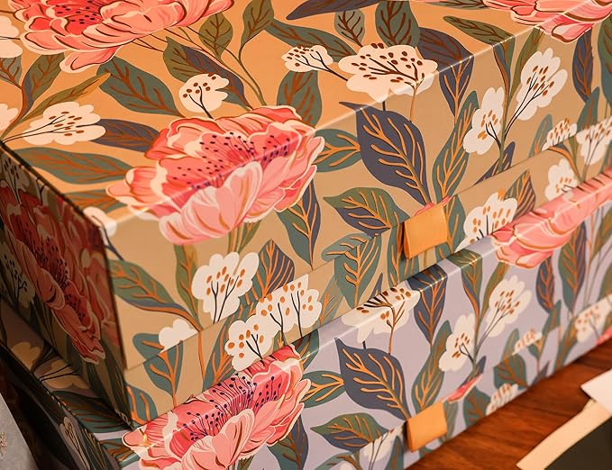 3-Piece Decorative Storage Boxes with Lids, Floral Gold Foil, Peach Pink, Light Green and Pale Blue Peonies, Cardboard Keepsake box Set, Photo Storage Box for Memory, Home Decor, Table Decor