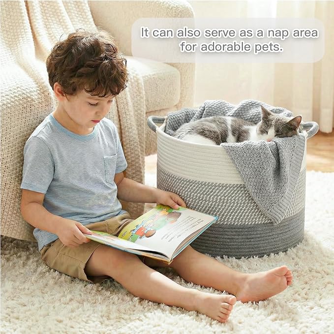 100L Large Cotton Rope Basket, Decorative Woven Blanket Storage for Living Room, Boho Toy Storage & Toy Box for Kids, Versatile Laundry Basket & Nursery Hamper for Blankets(Grey)