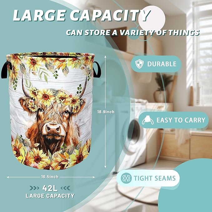 Sunflower Highland Cow Laundry Basket Foldable With Handles Tote Bag Oxford Cloth Funny Animal Laundry Hamper Clothes Storage Bucket Toy Organizer 18.9"x16.5" For Bathroom/Laundry/Bedroom