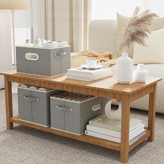 Fabric Open Storage Bins with Metal Handles, Collapsible Organizer Baskets, Foldable Cube Boxes for Shelves, Closet, Living Room, 15x9.8x9.8in, Grey, 4 Pack