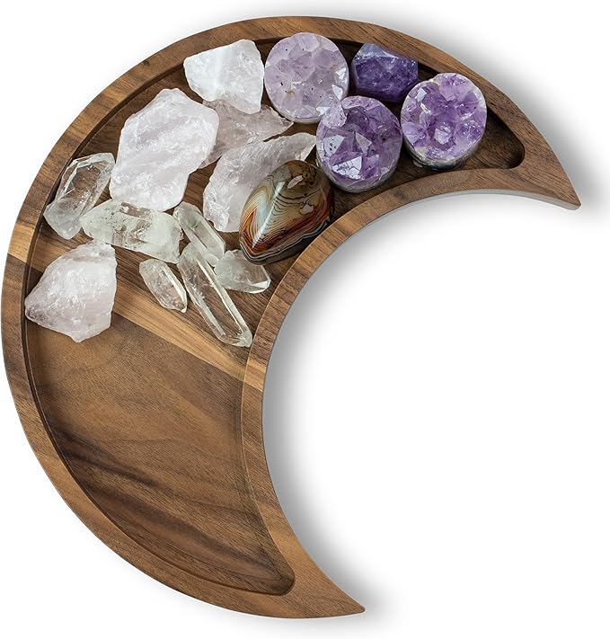 Walnut Moon Crystal Display Tray - Gothic Wooden Altar Tray 9.5" x 4.5" for Crystals and Stones Storage - Solid Wood Jewelry Organizer Dish - Spiritual Decor
