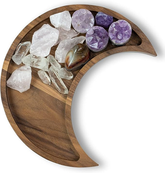 Walnut Moon Crystal Display Tray - Gothic Wooden Altar Tray 9.5" x 4.5" for Crystals and Stones Storage - Solid Wood Jewelry Organizer Dish - Spiritual Decor