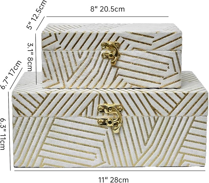 Velvet Decorative Boxes Storage Accessory Organizer with Gold Stripe Set of 2, White