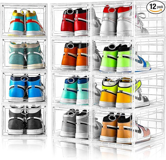 12 Pack Clear Shoe Boxes Stackable,Shoe Storage Boxes for Closet,Sturdy Shoe Box Storage Containers with Clear Door,Sneaker Storage,Easy to Assemble,Fit up to US Size 12(13.8”x 9.84”x 7.1”)