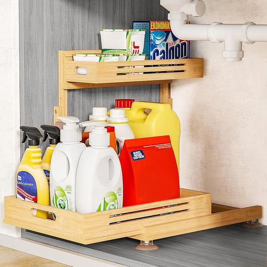 Under Sink Organizer, Pull Out Cabinet Organizer, 2 Tier Slide Out Sink Shelf Cabinet Storage Shelves, Storage for Kitchen Bathroom, Natural Premium Bamboo Wood