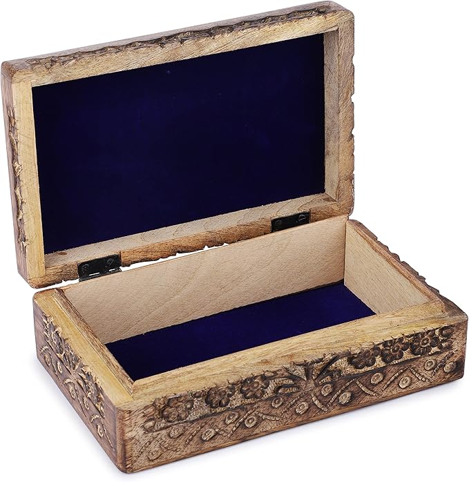 Ajuny Wooden Hand Carved Decorative Box with Tree Of Life Carvings Natural - Multipurpose Use As Jewelry Storage, Trinket Holder or Watch Box, Great For Gifts