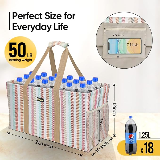 BALEINE Extra Large Utility Tote Bag with Wire Frame for Storage (Color Stripe, 22''x12''x10'')