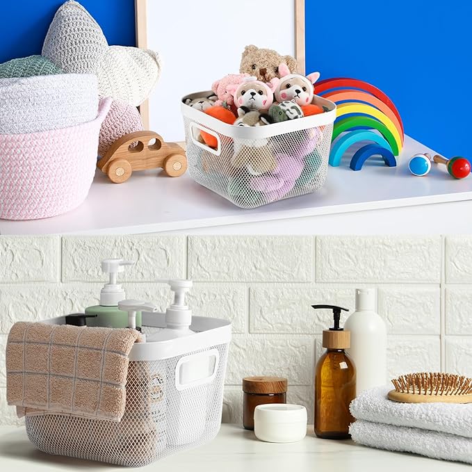 6 Pack Metal Mesh Basket with Hollow Handles White Wire Storage Bin for Organizing Stackable Metal Fine Mesh Basket for Pantry Bathroom Kitchen Cabinets Shelves (Medium)