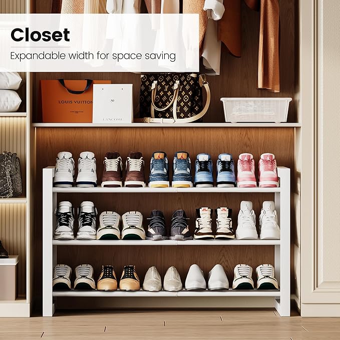 Homeiju Expandable Shoe Rack, 3 Tier Metal Shoe Shelf, Adjustable Shoe Stand for Sneakers, Boots, Heels, Heavy-Duty Steel Standing Shoe Organizer for Entryway, Closet, Bedroom, White