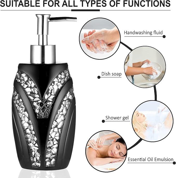 Zahari Home Sinatra Soap Dispenser/Lotion Pump Unique Design Bling Glass Mosaic Décor, Black