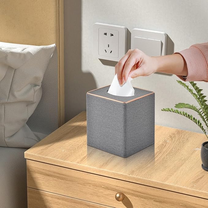 Linen Square Tissue Box Holder Cube Tissue Box Coverï¼Rosegold Leather Recorate,Napkin Holder Case Dispenser, Tissue Holders with Magnetic Bottom for Home Office Car Hotel Restaurant,Grey