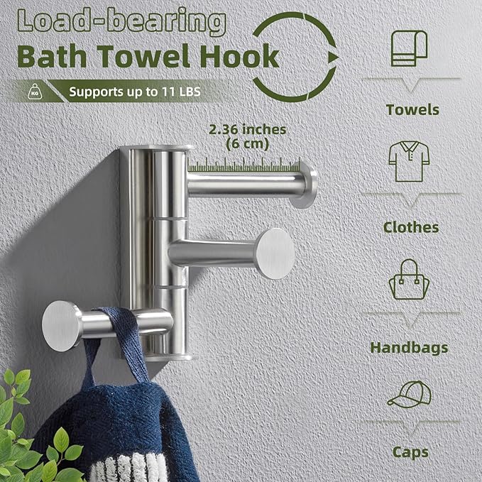 APLusee Brushed Nickel Swivel Coat Hook, 304 Stainless Steel Swivel Towel Hook for Bathroom with Multi 3 Rotating Arms, Wall Mounted